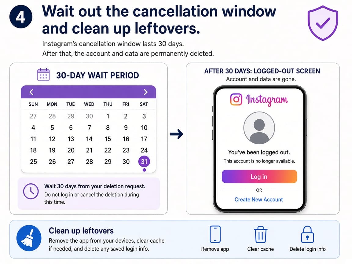 Calendar marked with a 30-day wait beside a logged-out Instagram screen
