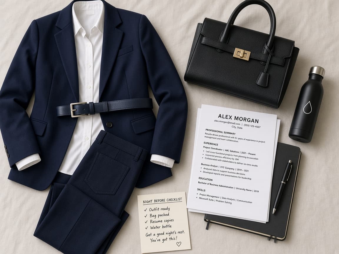 Outfit laid out beside a tested laptop and transit directions