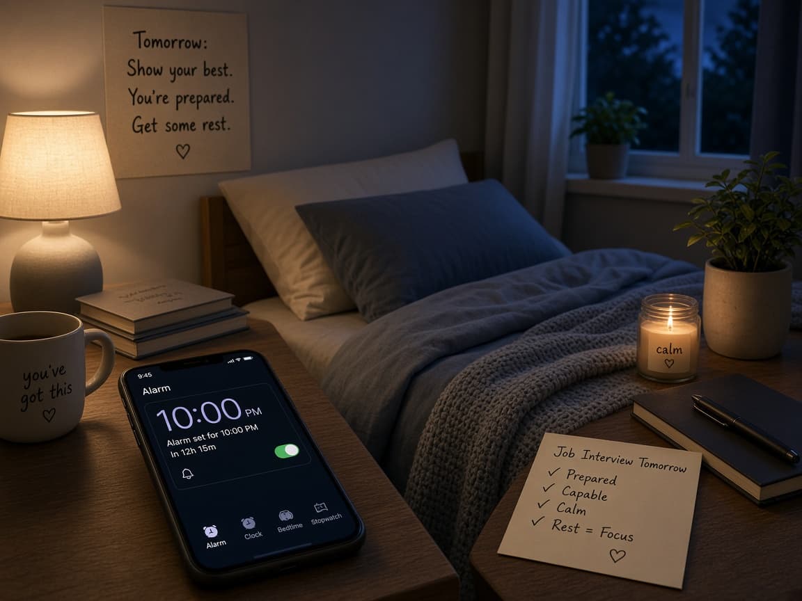 Laptop closed on a desk with an early alarm set