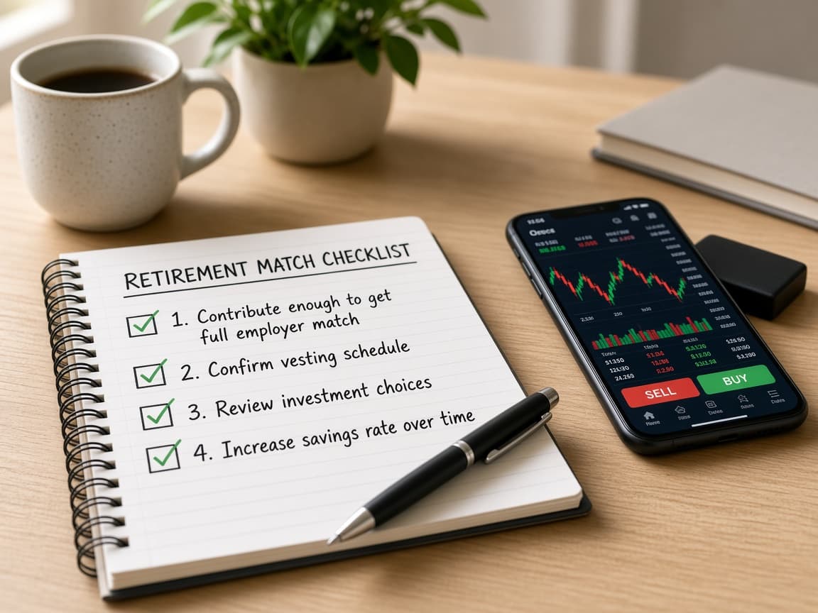 Day-trading app set aside beside a retirement match checklist