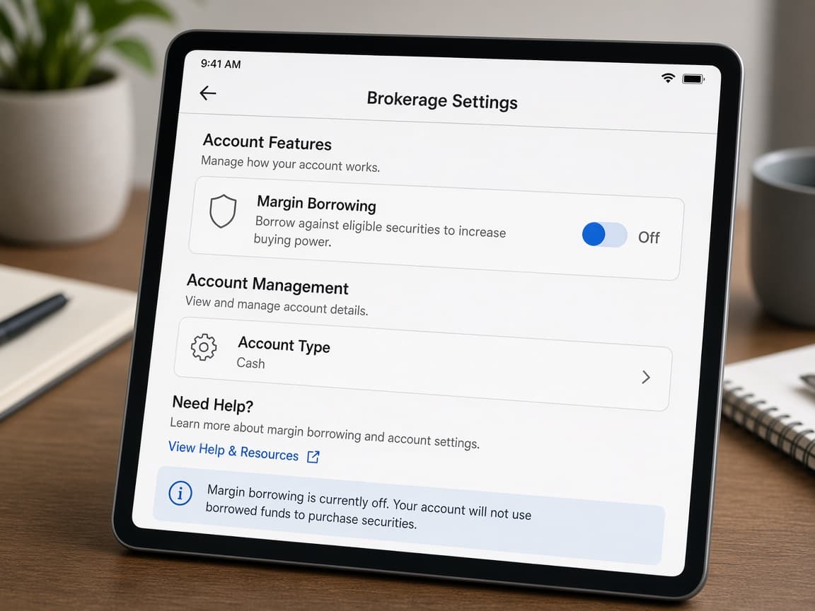 Margin setting toggled off in a brokerage app