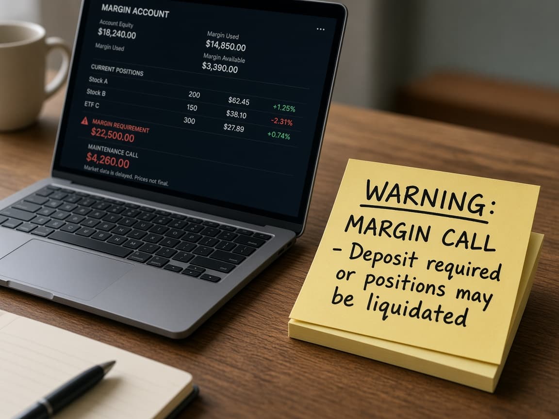 Warning note about margin calls beside a trade screen