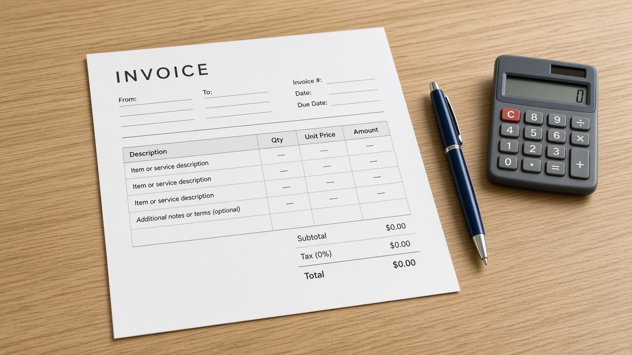 Simple invoice template on a laptop with a notebook and pen beside it