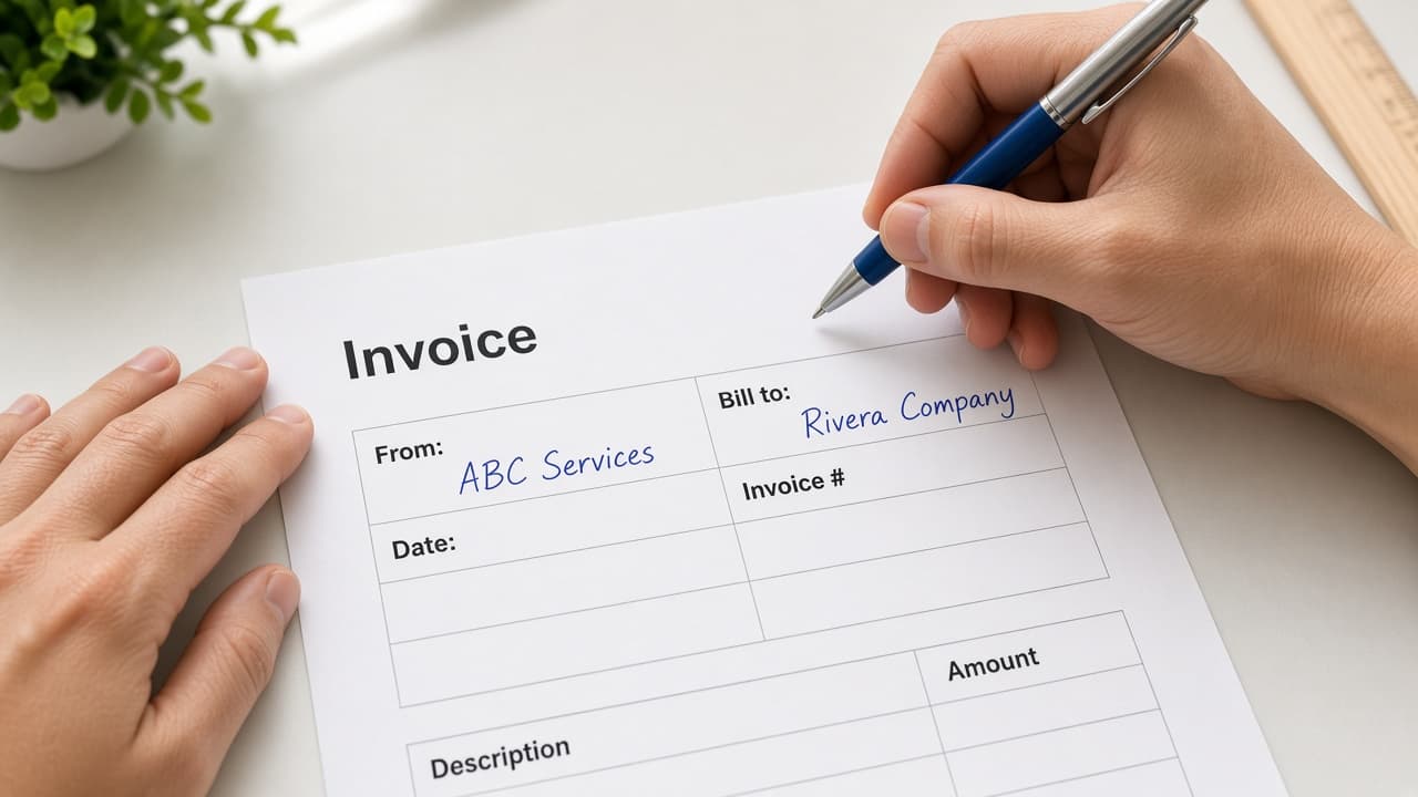 Invoice header showing seller details, client details, number and date