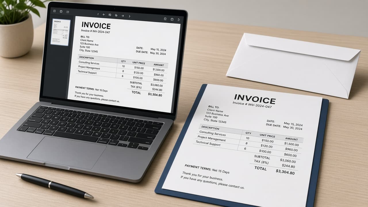 PDF invoice attached in an email draft to a client