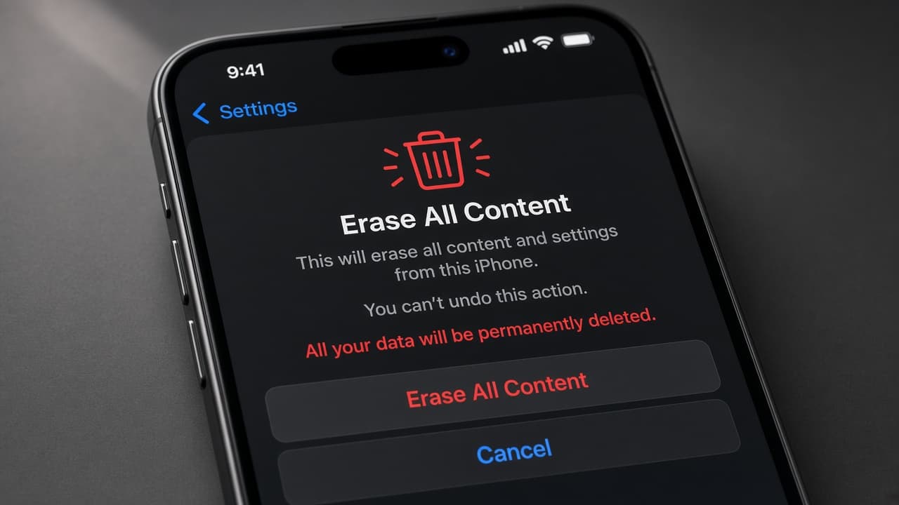iPhone showing the Erase All Content and Settings confirmation beside a completed iCloud backup status