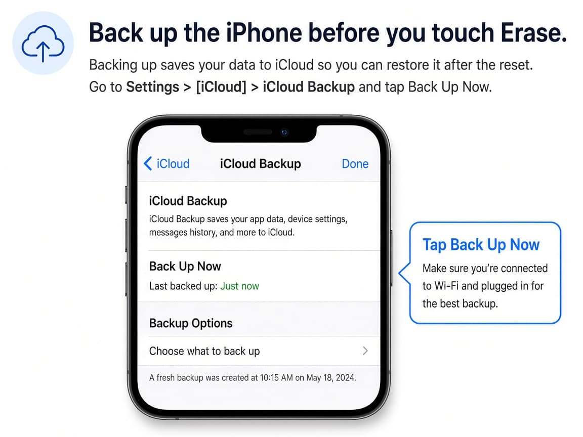 Illustrative iPhone iCloud Backup screen showing Back Up Now and a fresh timestamp