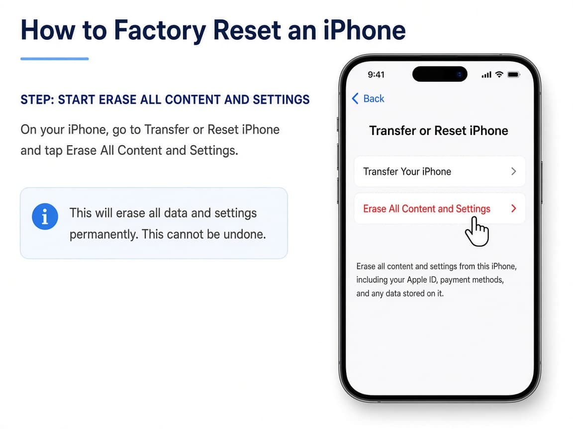 Illustrative Transfer or Reset iPhone screen with Erase All Content and Settings