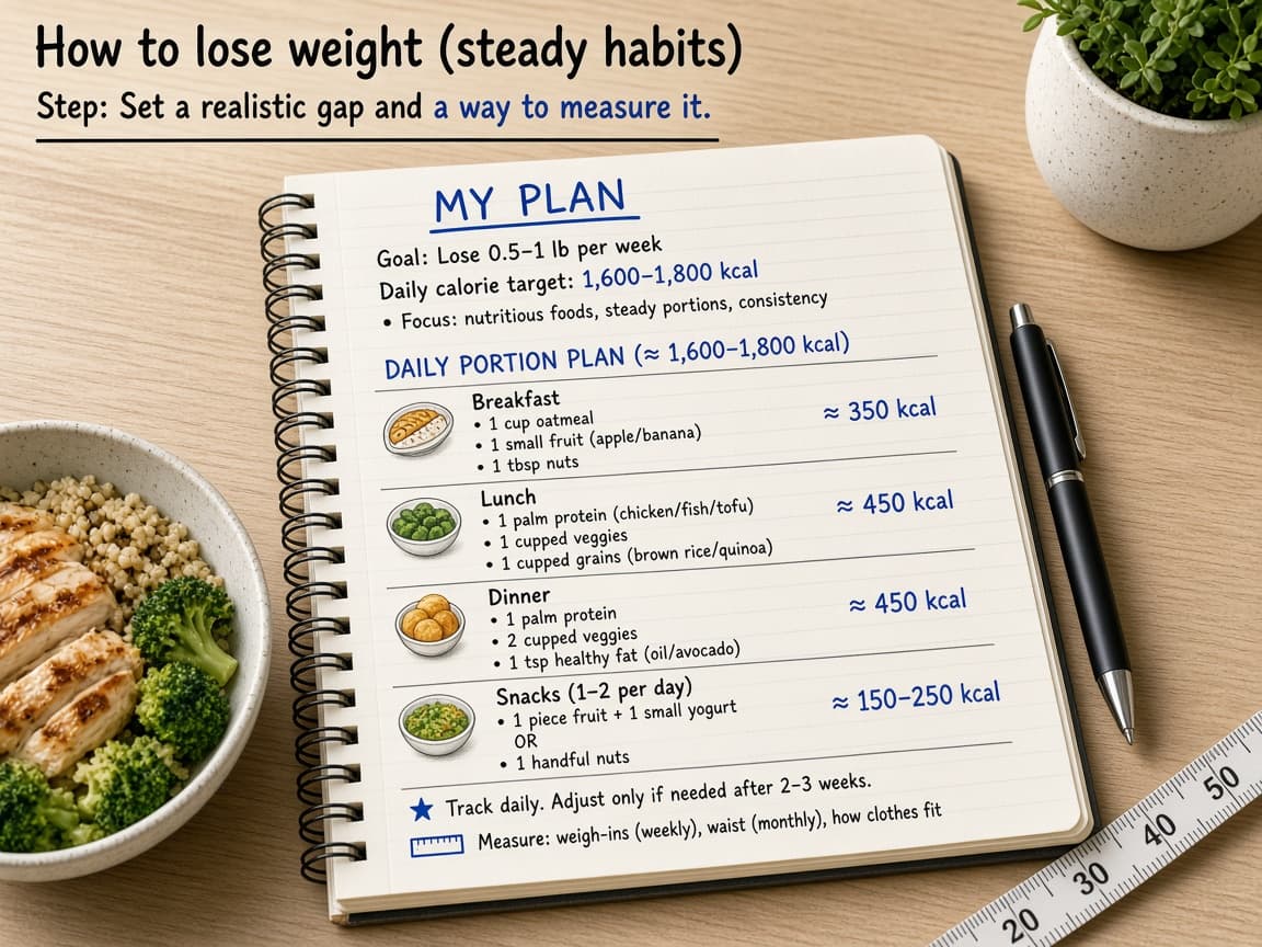 Notebook with a simple daily calorie or portion plan