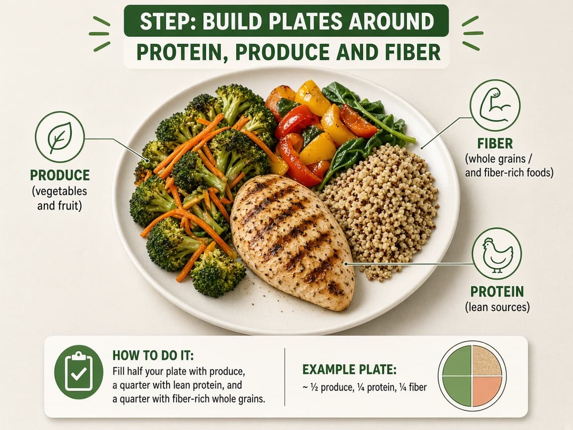 Balanced plate with lean protein vegetables and whole grains