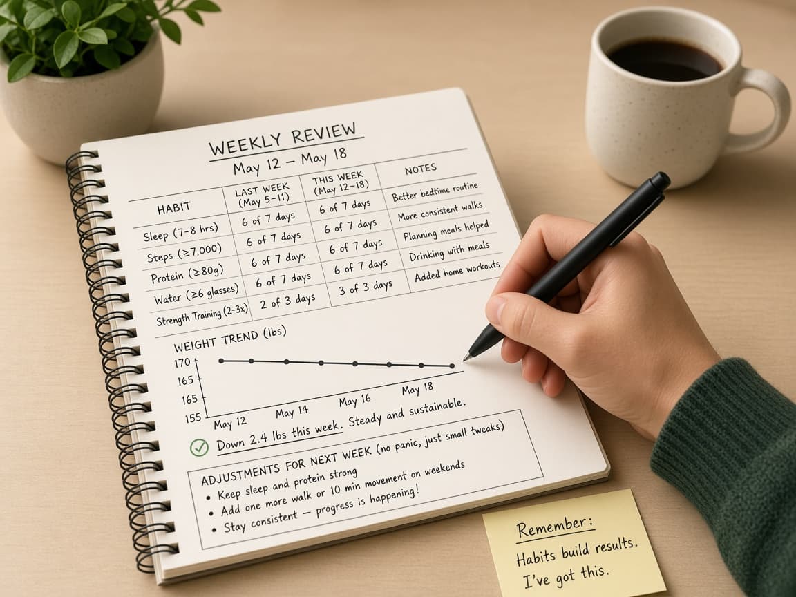 Weekly review notes comparing habits and weight trend