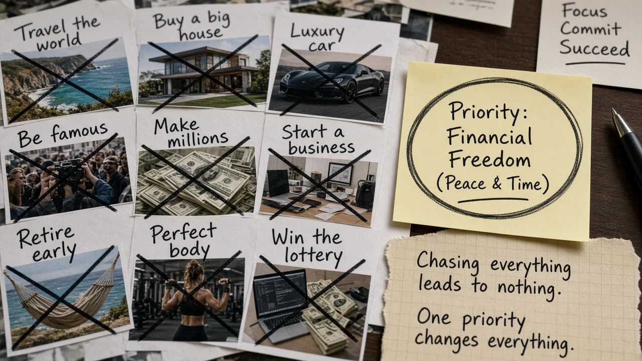 Crowded vision board crossed out beside one circled priority