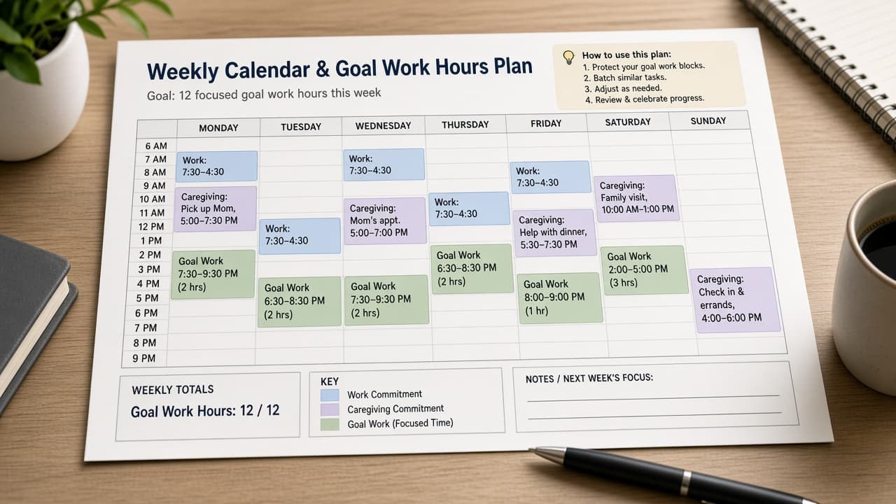 Weekly calendar with goal hours overlaid on existing commitments