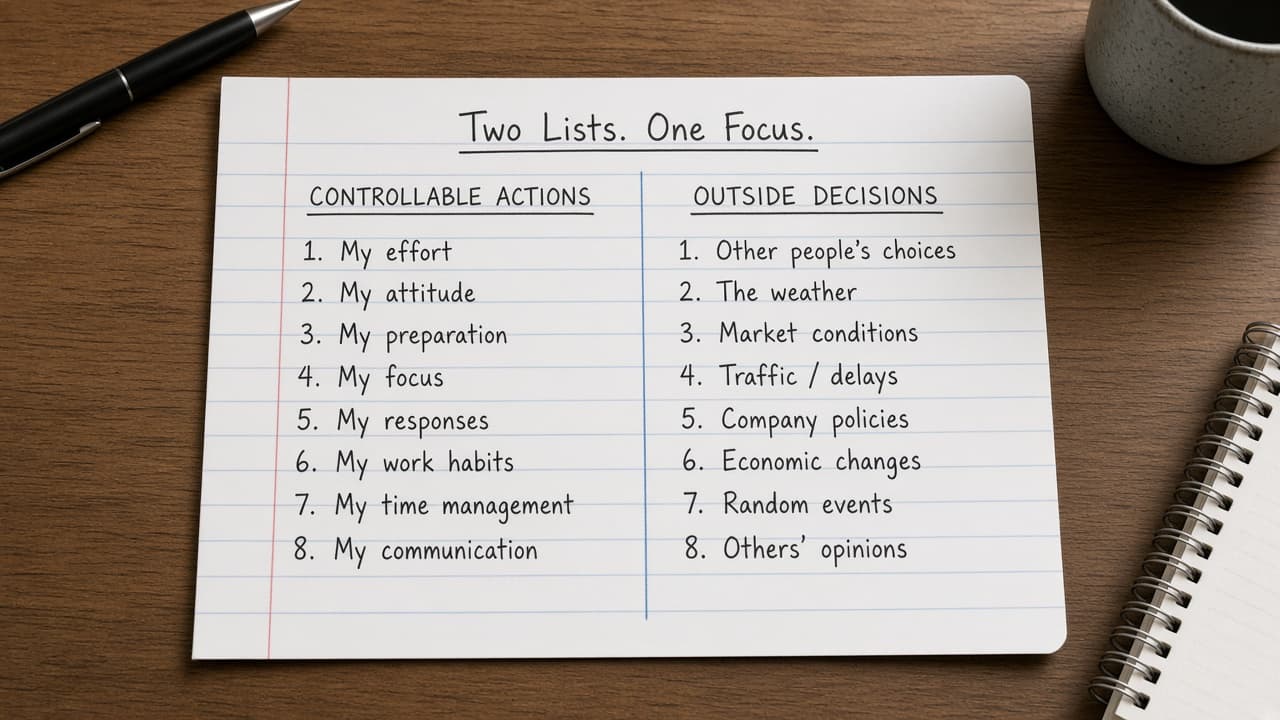 Two-column list of controllable actions versus outside decisions