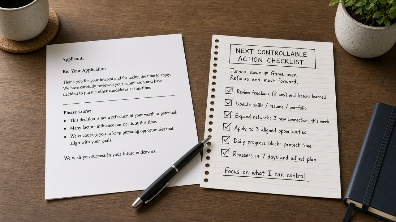 Rejected application note reframed into next controllable actions