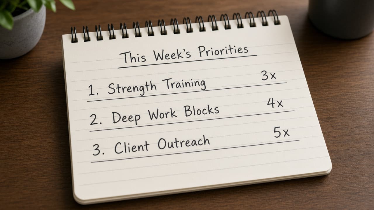 Three numbered weekly priorities with quantities written beside them