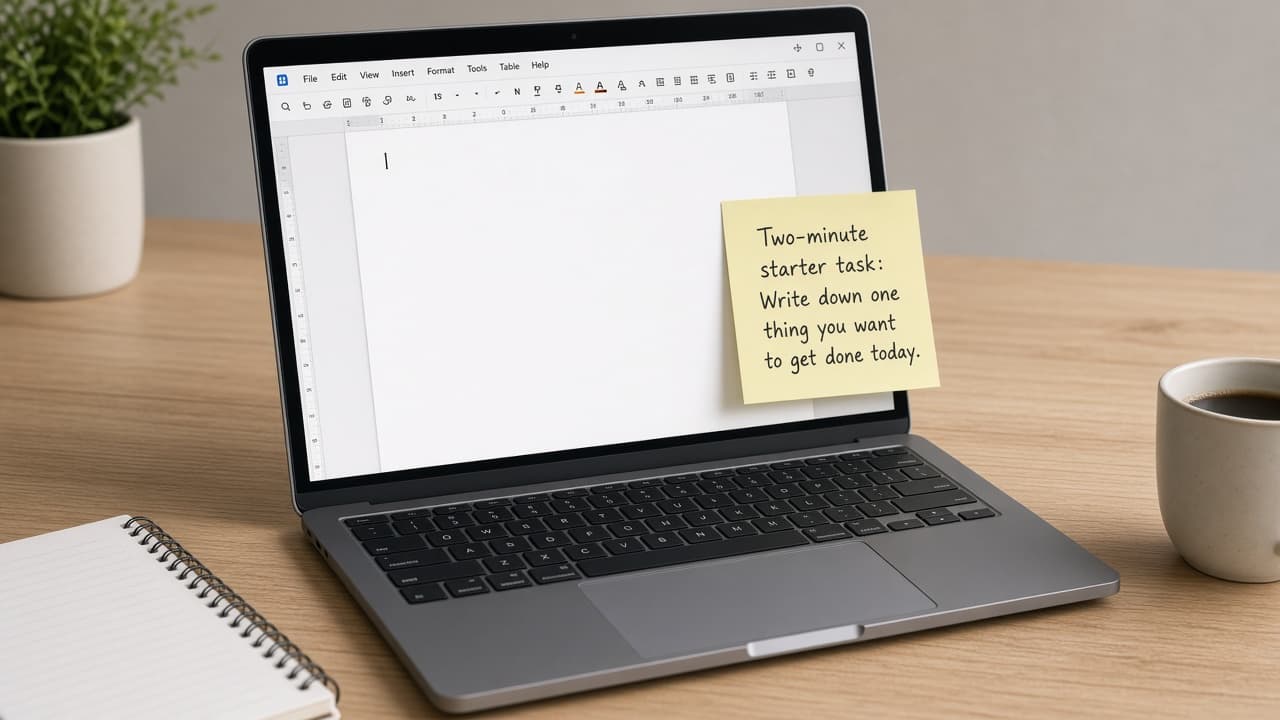 Laptop open to a blank document with a two-minute starter task