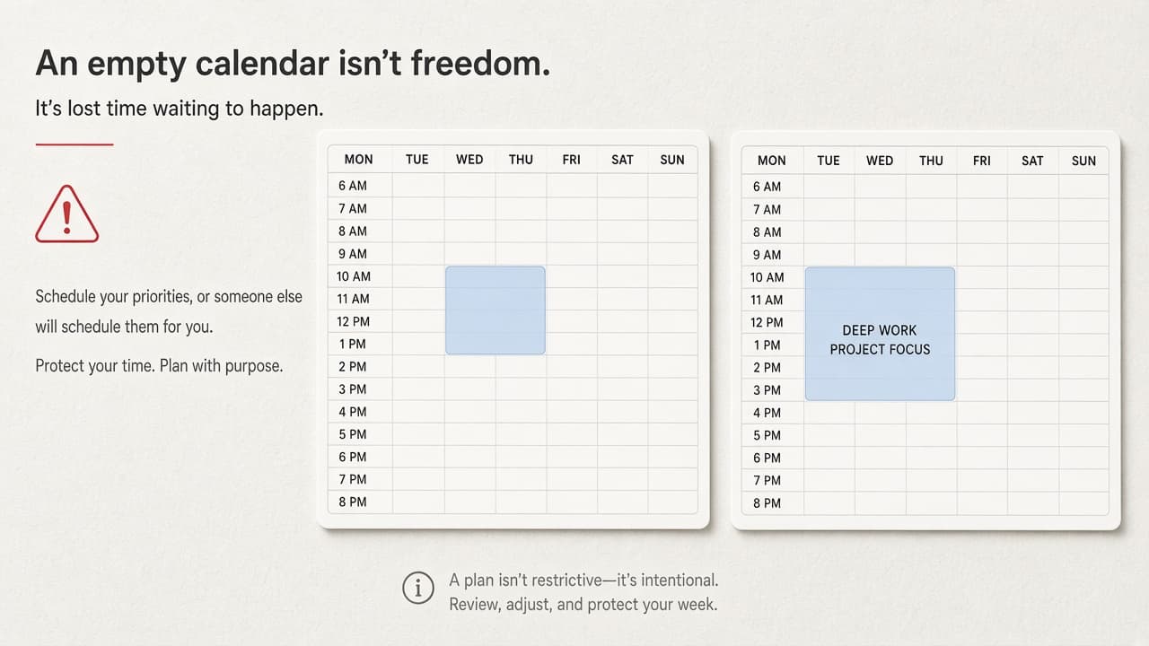 Empty week left blank for inspiration contrasted with one scheduled block