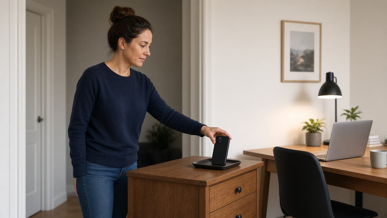 Person briefly rehearsing placing a phone away before work