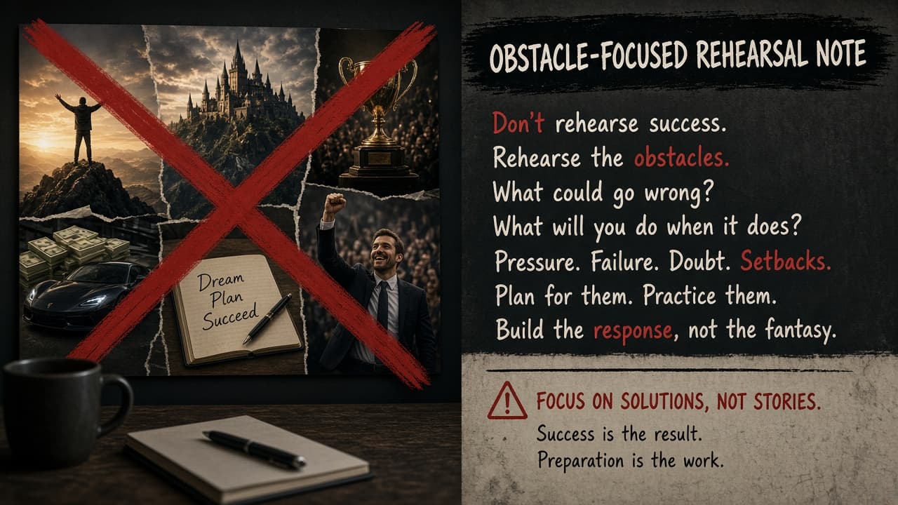 Fantasy success montage crossed out beside an obstacle-focused rehearsal