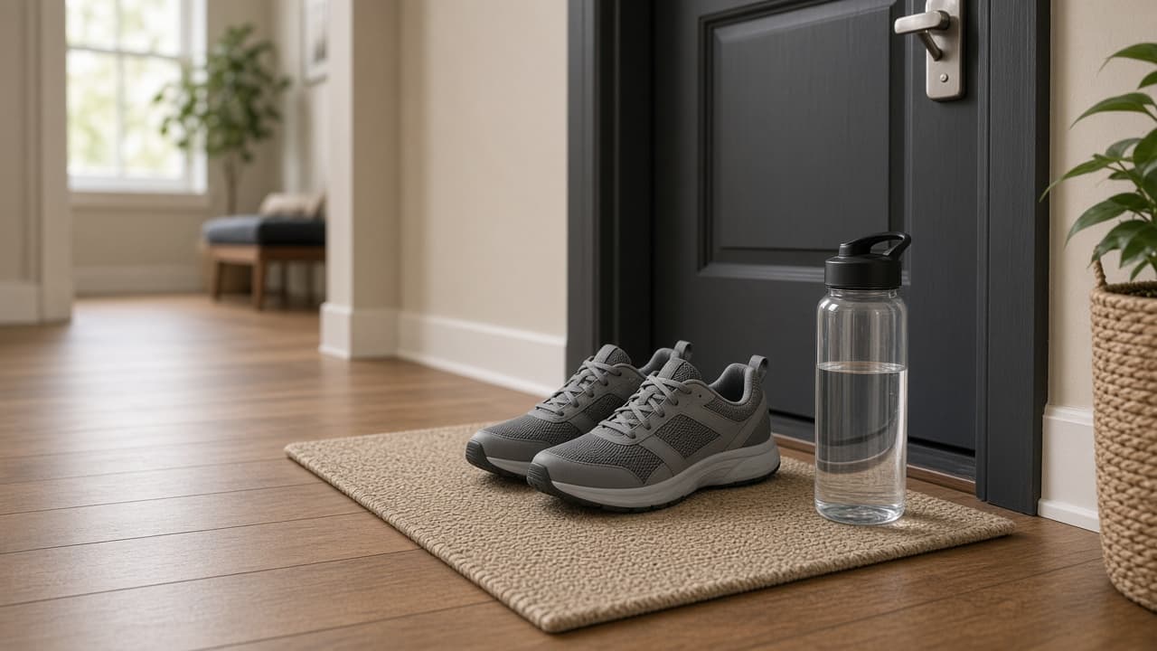 Shoes and water bottle staged by the door for a walk block