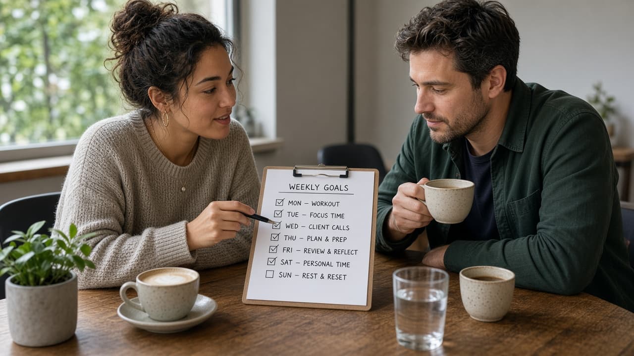 Two people reviewing a weekly goal checklist over coffee