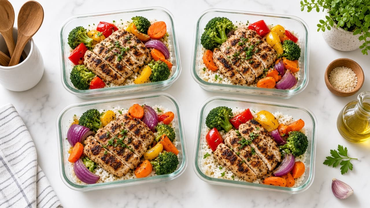 Glass meal-prep containers filled with chicken, rice and roasted vegetables
