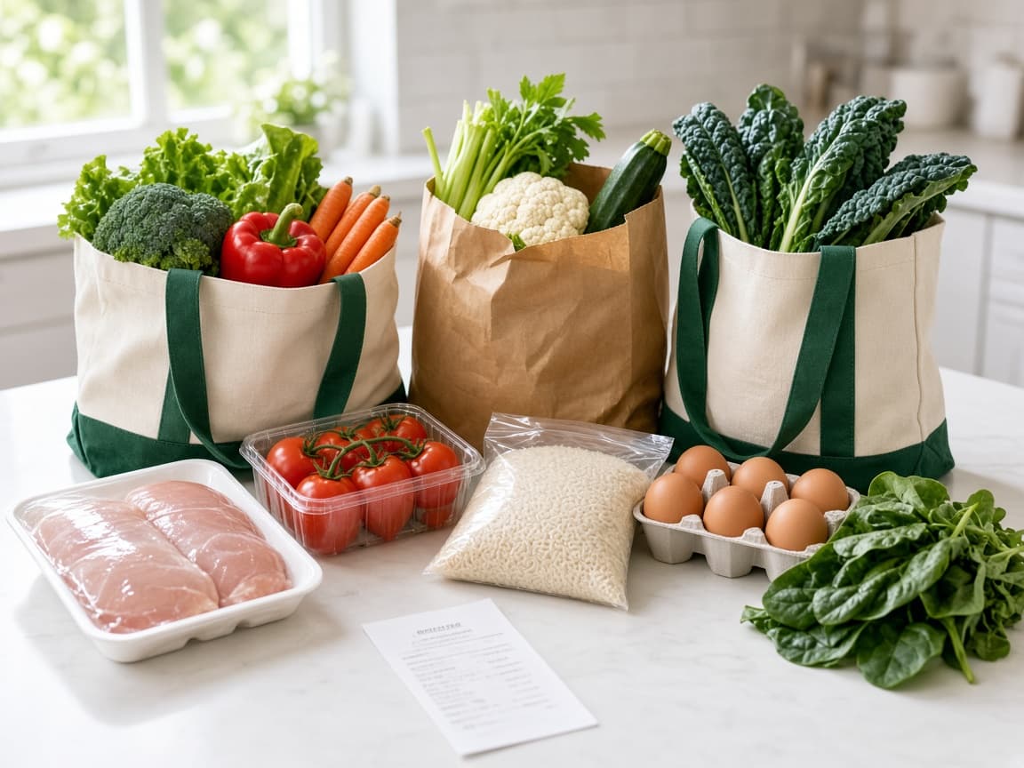 Grocery list and meal-prep containers on a kitchen counter