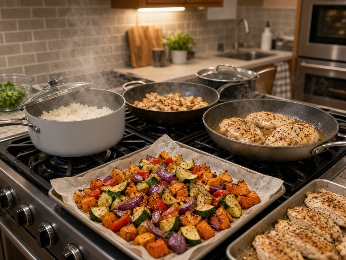 Open prep container showing half vegetables quarter protein quarter grain