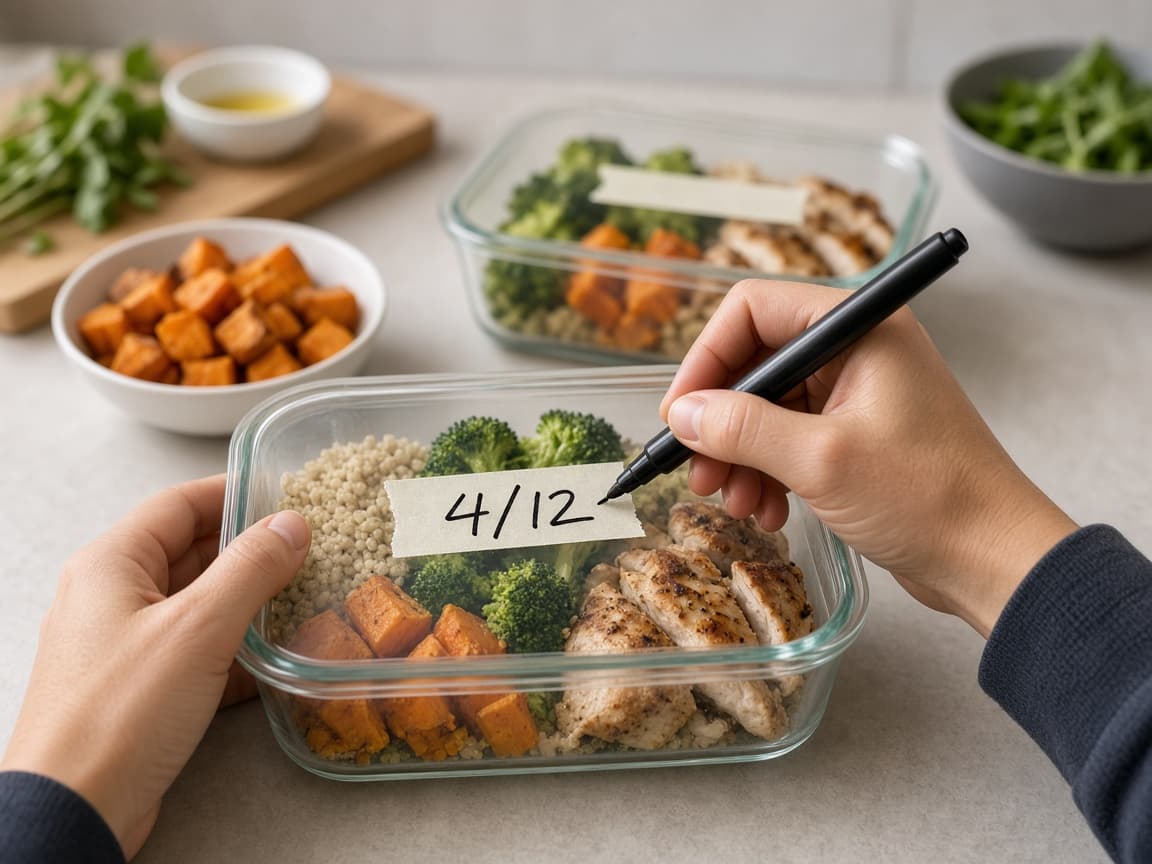 Labeled containers going into a freezer bin