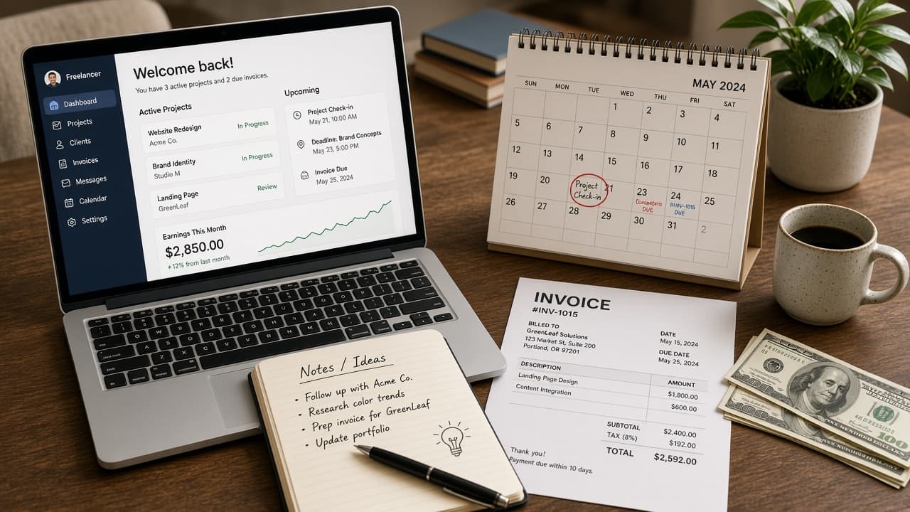 Desk with laptop open to a freelance profile draft and a simple invoice template