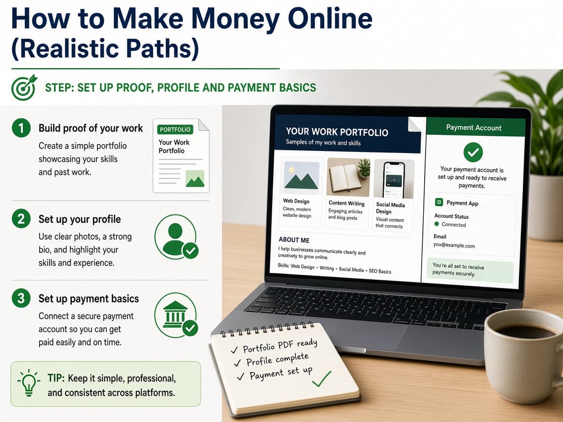 Simple portfolio PDF and payment app set up on a laptop