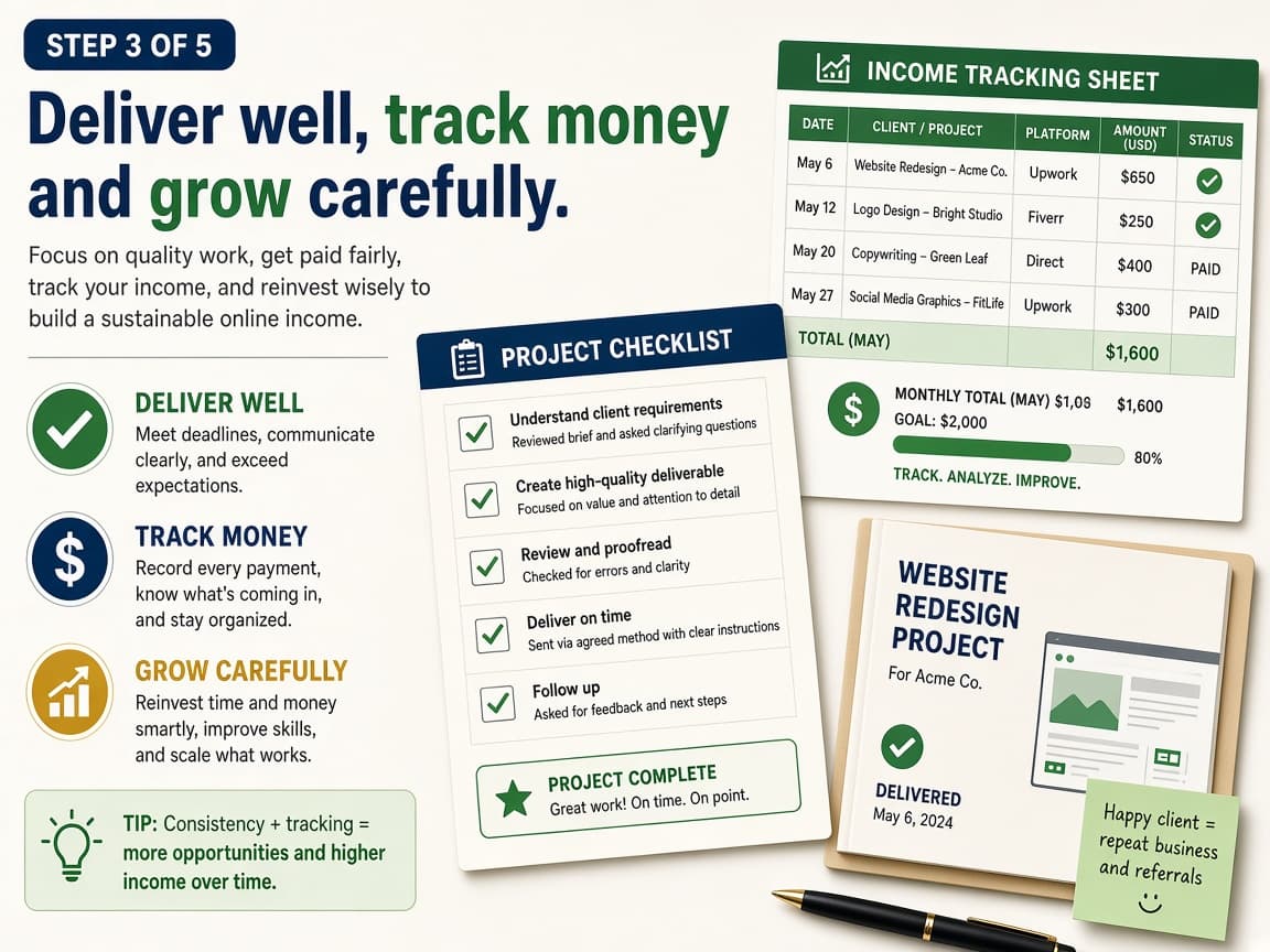 Project checklist and income tracking sheet beside a completed deliverable