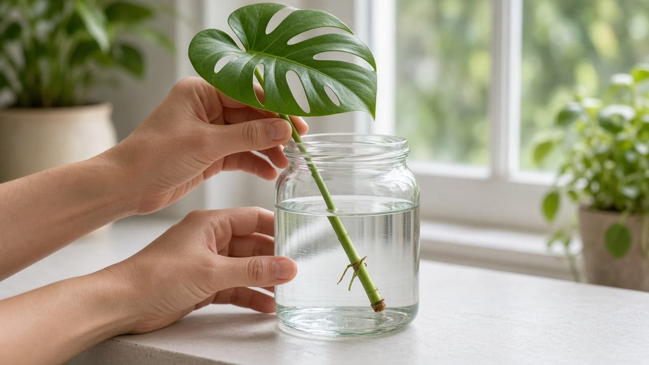 Fresh Monstera cutting with node and aerial root visible