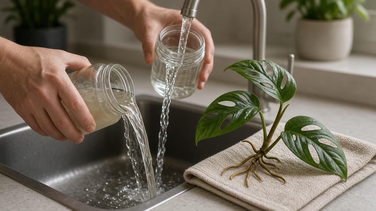 Fresh Monstera cutting resting while sap stops dripping