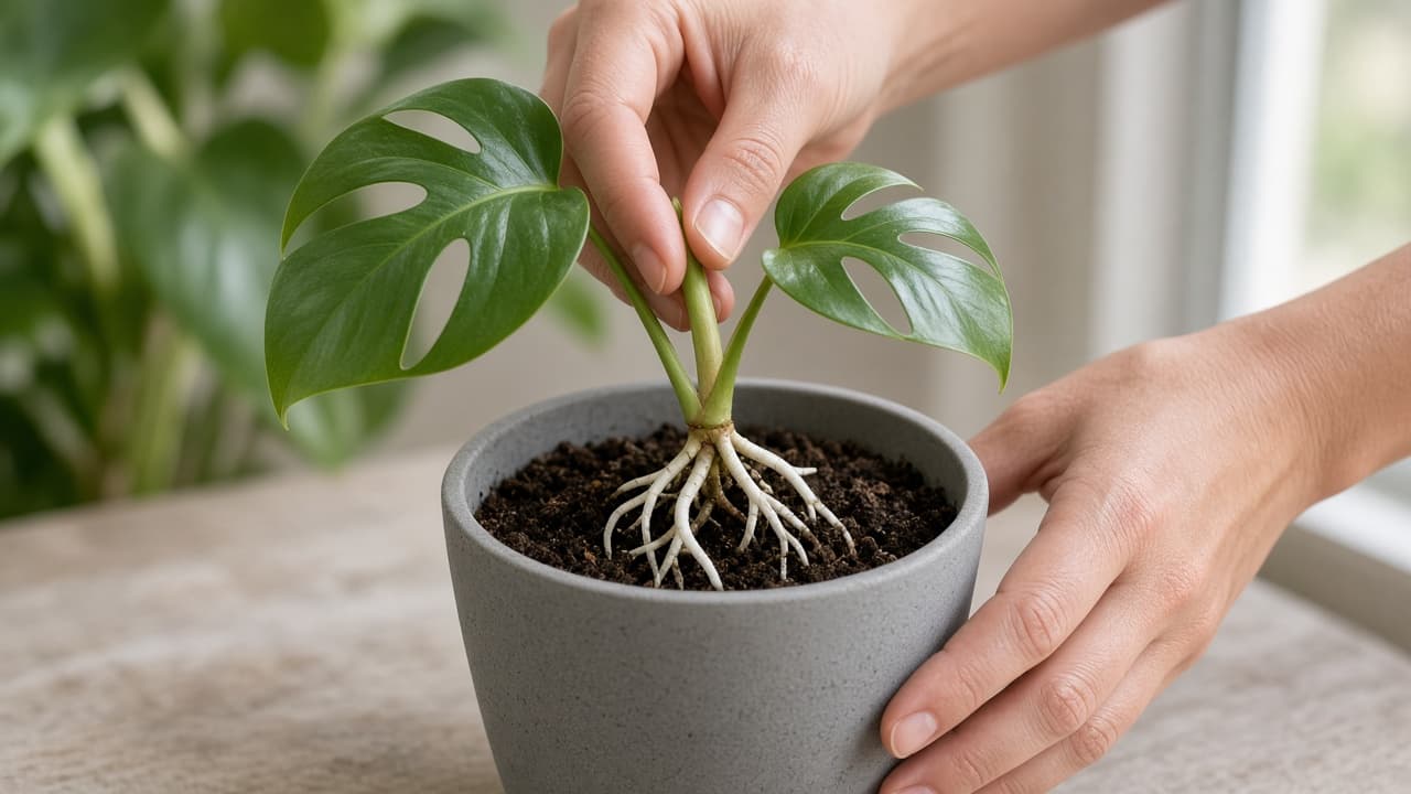 Monstera cutting in a clear jar on a bright table away from direct sun
