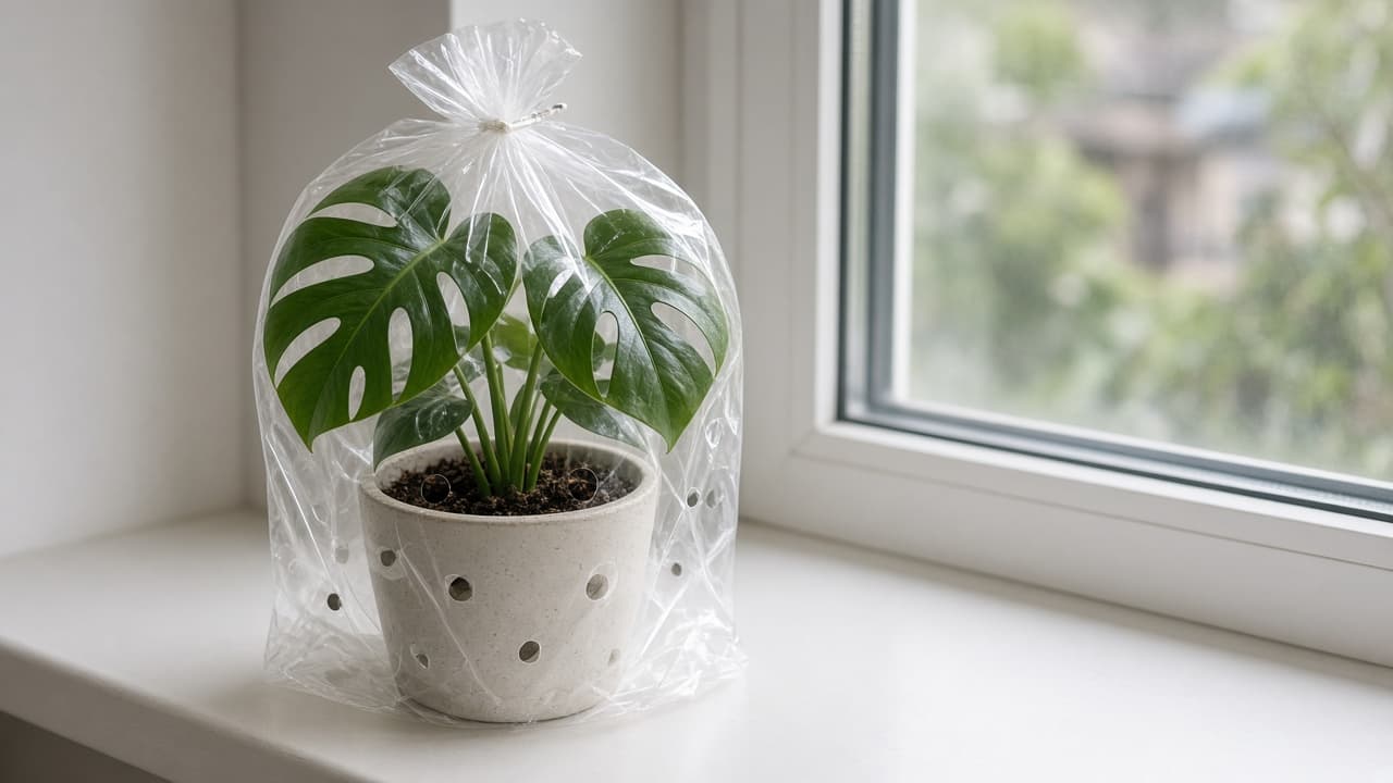 Monstera leaf held above waterline with only node submerged