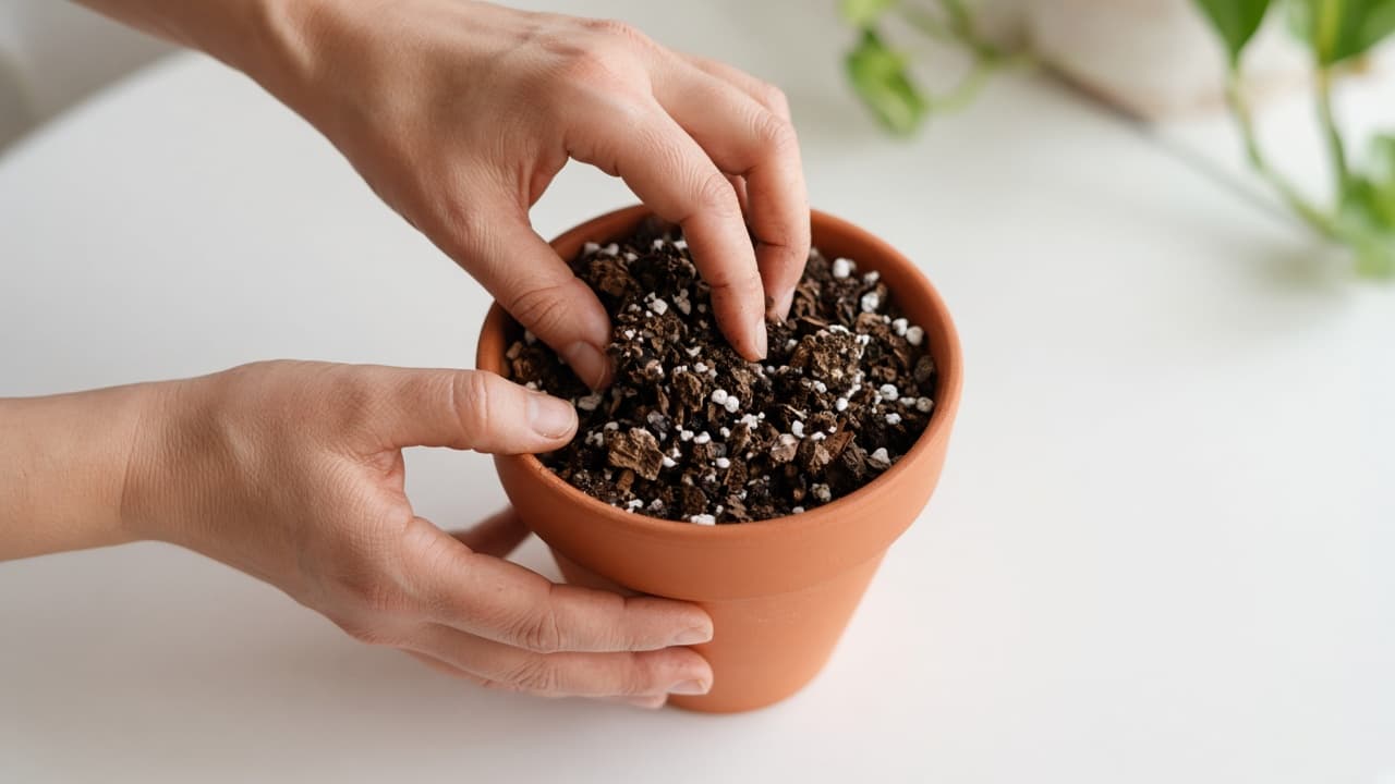 Planting a rooted Monstera cutting with the node at soil level