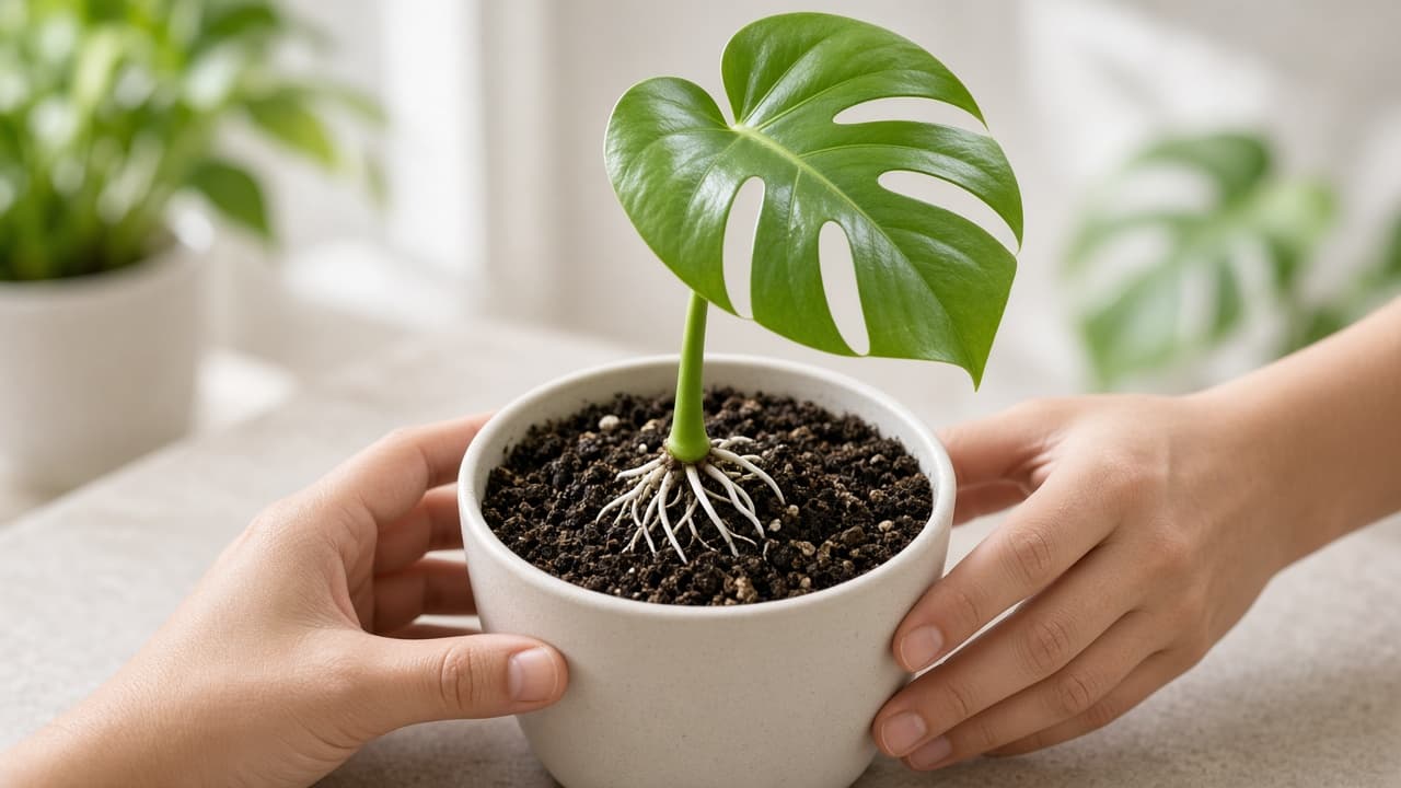 Potted Monstera cutting under a clear humidity bag