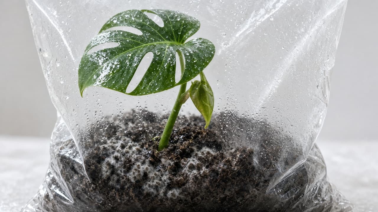 Hands packing dense wet soil tightly around fragile Monstera roots