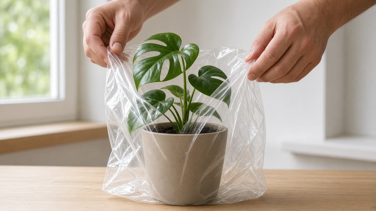 Humidity bag propped so plastic does not touch Monstera leaves