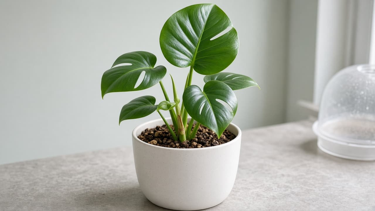 New Monstera leaf beginning to unfurl on a recently potted cutting