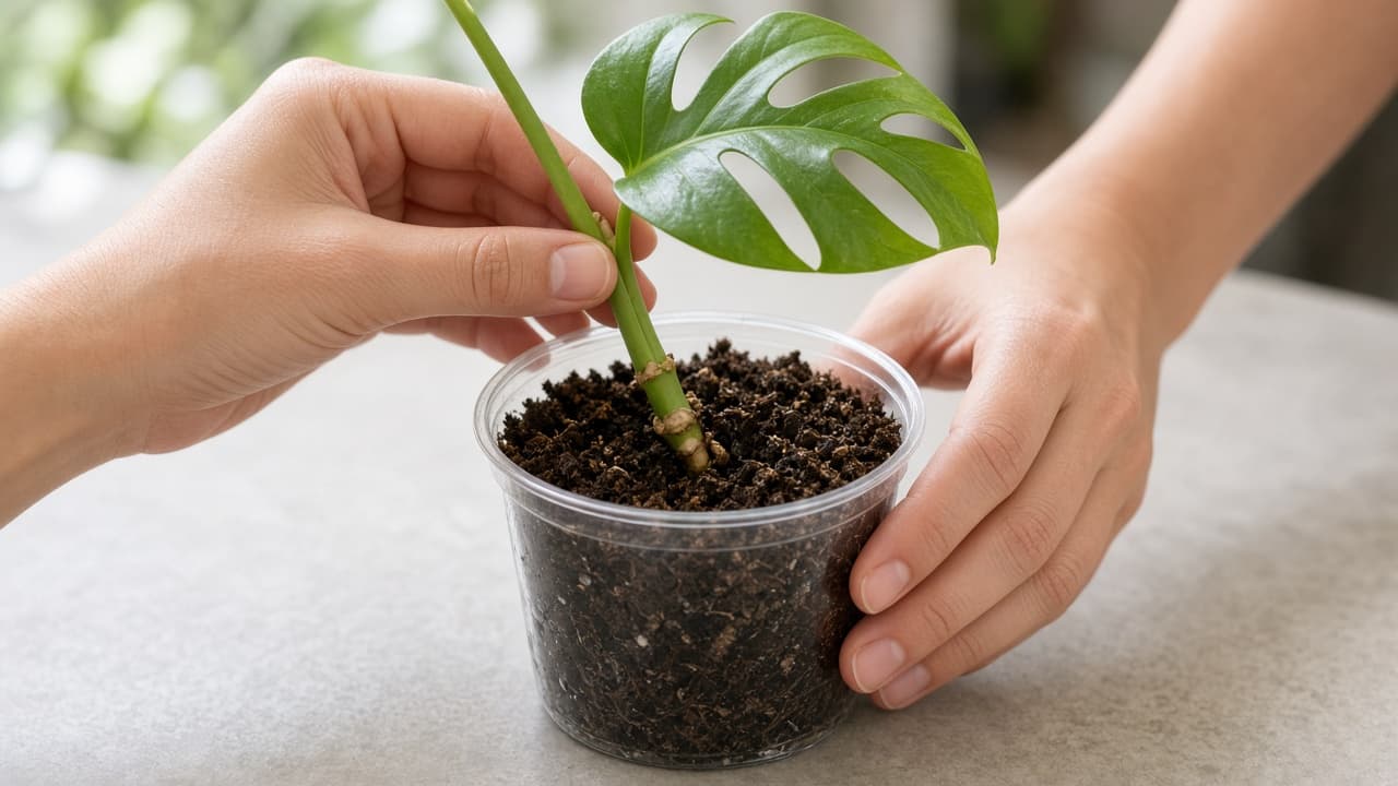 Healthy firm green Monstera node checked weekly in a clear soil pot
