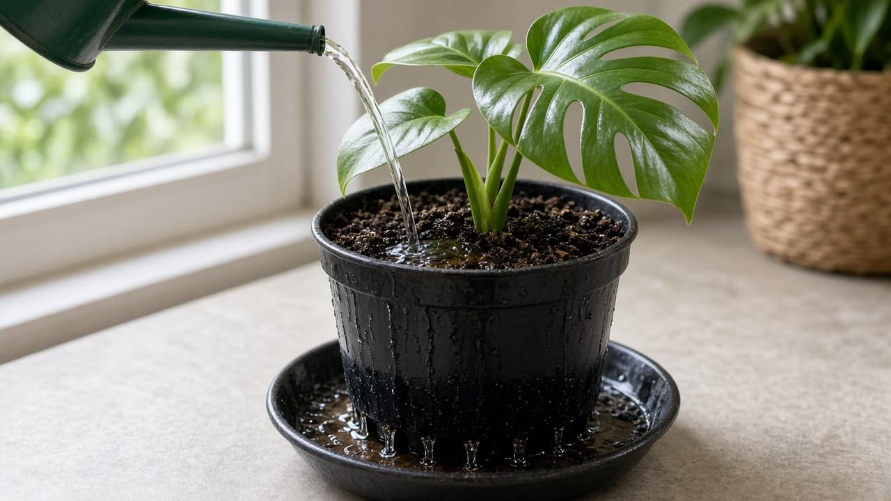 Gentle tug test on a soil-rooted Monstera cutting showing resistance