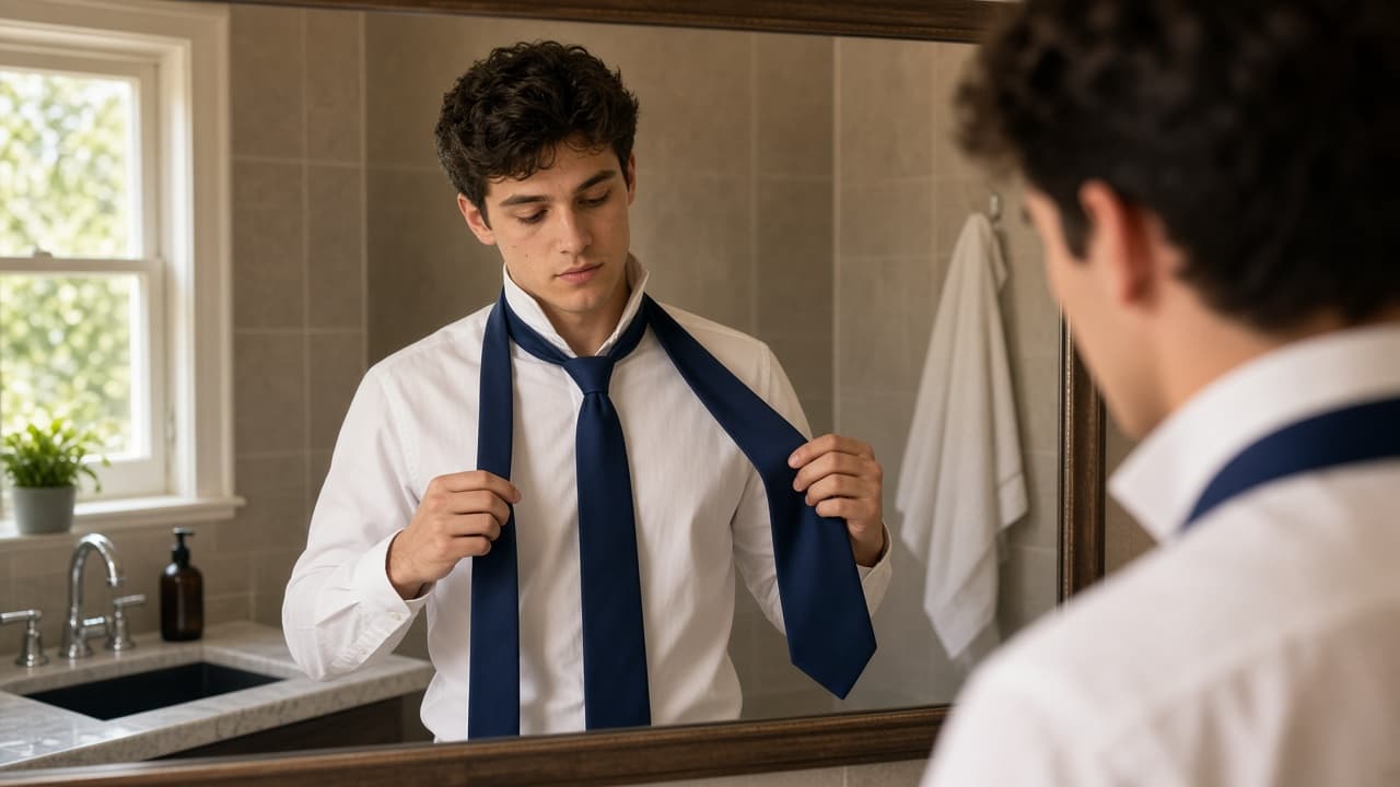 Person standing at a mirror with an untied necktie draped around the collar