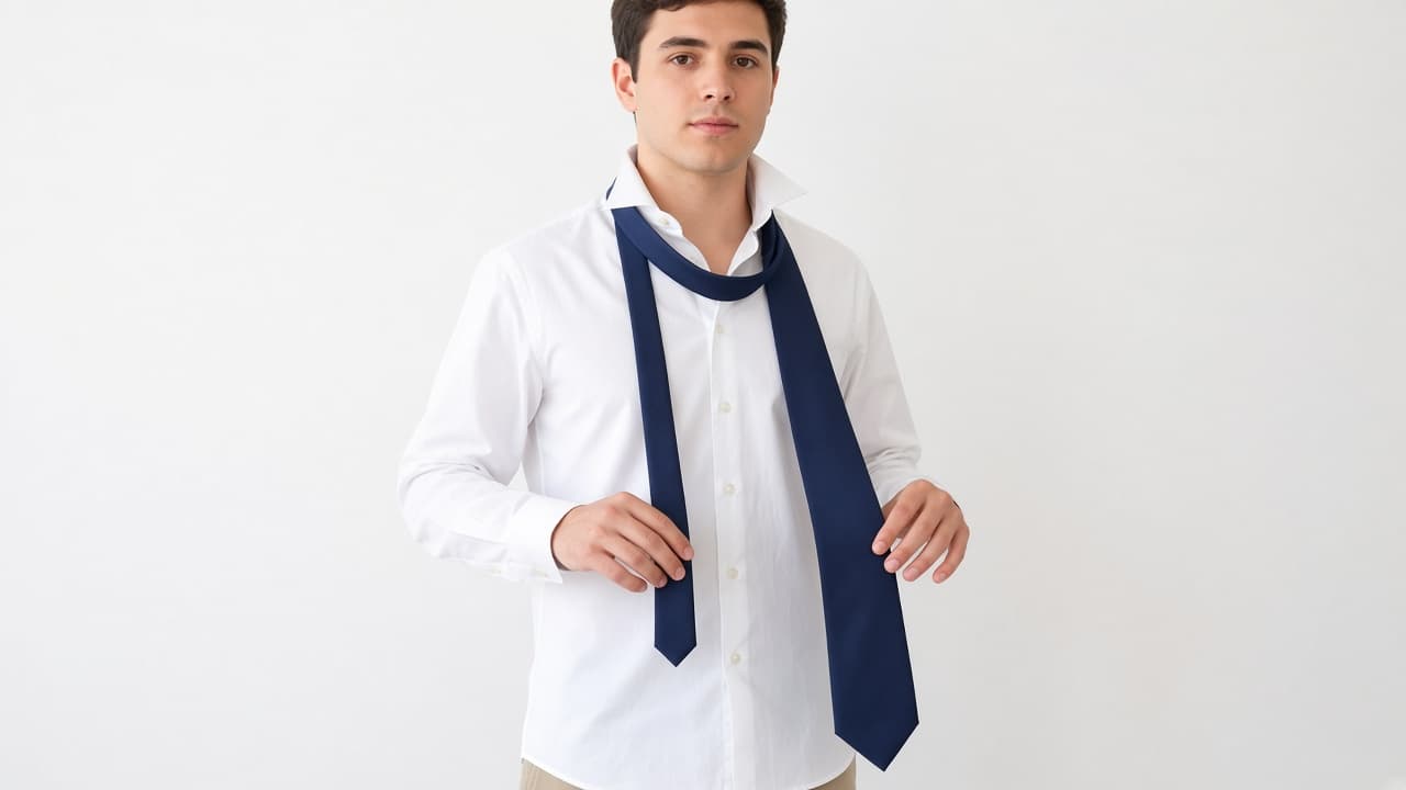 Untied necktie draped around a raised shirt collar with the wide end hanging longer