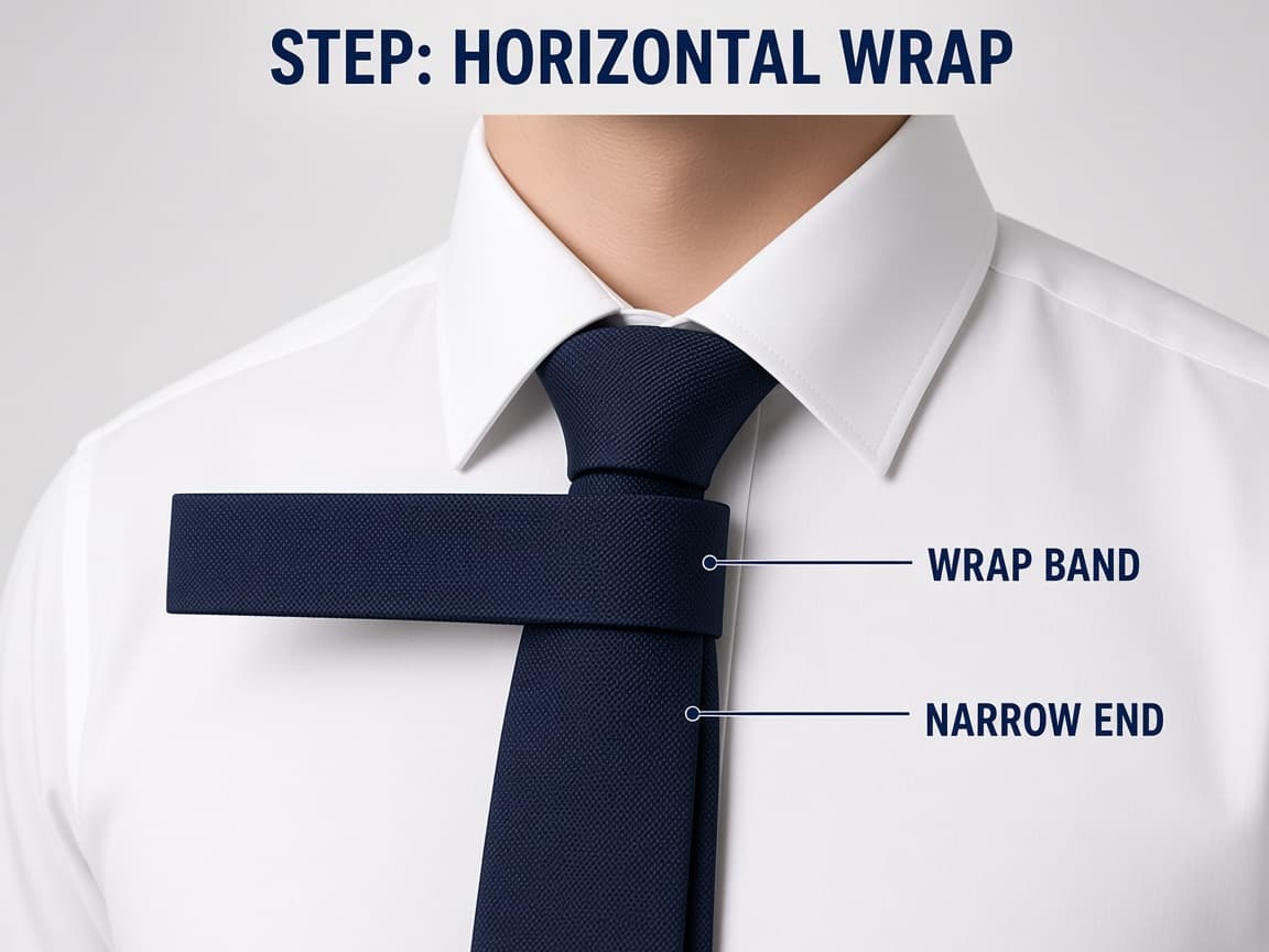 Wide end of a necktie crossed over the narrow end at the collar