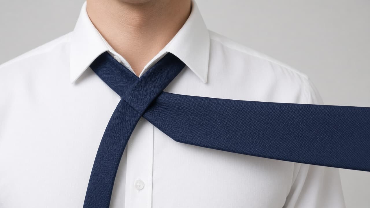 Hands crossing the wide necktie end over the narrow end
