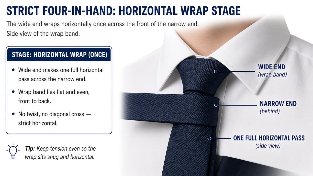 Wide necktie end wrapping horizontally across the front of the knot