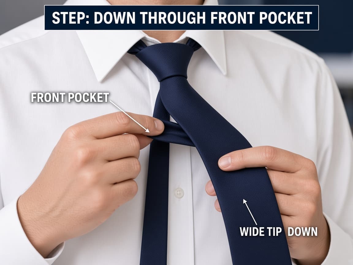 Wide necktie tip feeding down through the front pocket of the knot